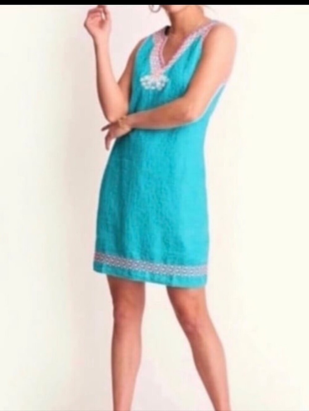 Hatley Portia Sheath Dress Sz S Turquoise Linen Embroidered Coastal Sleeveless